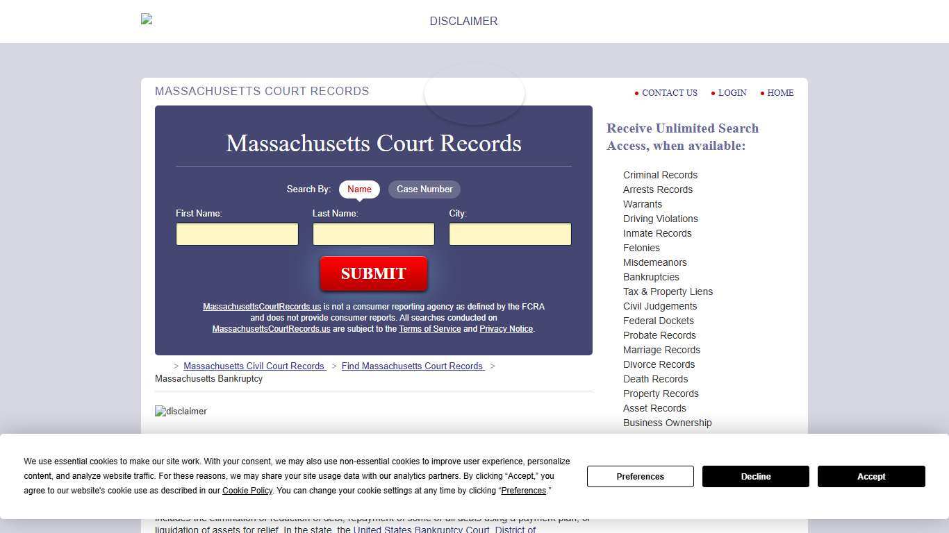 Massachusetts Bankruptcy Records Search MassachusettsCourtRecords.us