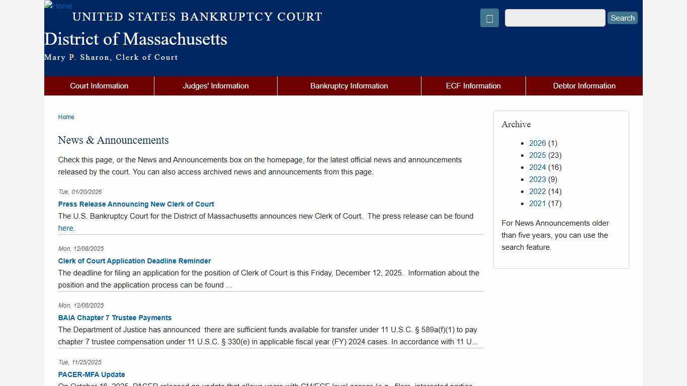 News & Announcements District of Massachusetts United States Bankruptcy Court